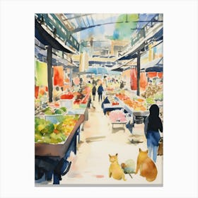 Food Market With Cats In Tokyo 1 Watercolour Canvas Print