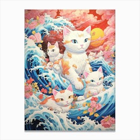 The Great Wave Off Kanagawa Cute Cats Kitsch Canvas Print