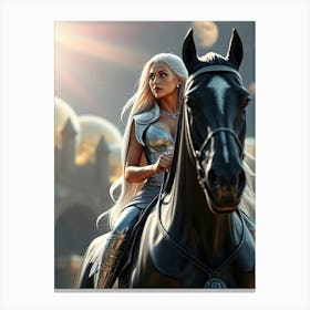 White Hair Beauty on Black Horse Canvas Print