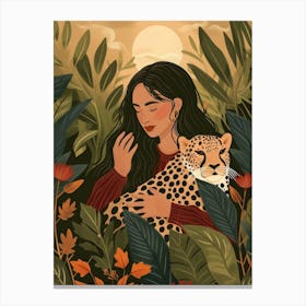 Girl With Leopard In The Jungle Canvas Print