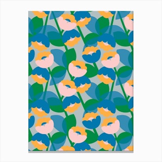 Yellow, Pink And Blue Flowers Canvas Print