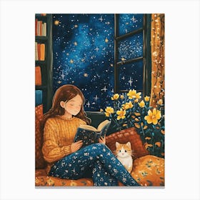 Girl Reading Book with Her Cat 10 Canvas Print