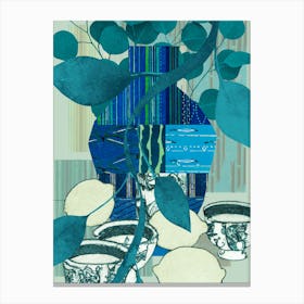 Abstract Still Life Collage Vase with Teacups and Citrus, Teal, Lime, and Indigo No.372024-02 Canvas Print