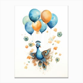 Peacock Flying With Autumn Fall Pumpkins And Balloons Watercolour Nursery 3 Canvas Print