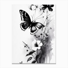 Butterfly And Flowers 1 Symbol Black And White Painting Canvas Print
