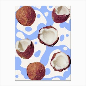 Coconut on blue background with white coconut milk. Coconut pattern Canvas Print