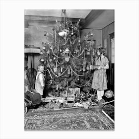 Christmas Tree and Toys, Vintage Black and White Old Photo Canvas Print