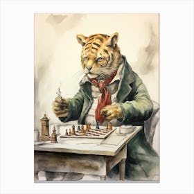 Tiger Illustration Playing Chess Watercolour 2 Canvas Print