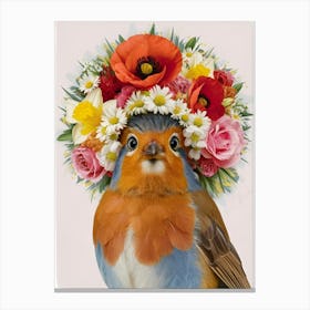 Robin In Flower Crown Canvas Print