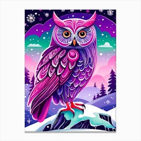 Pink Owl Snowy Landscape Painting (117) Canvas Print