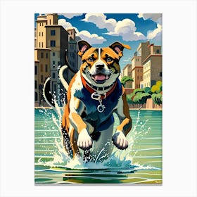 Dog Running In The Water Canvas Print