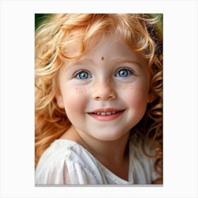 Close Up Portrait Of A Child With Strawberry Blond Hair Freckles Dotting The Cheeks Blue Eyes Exp Canvas Print