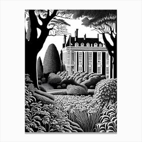 Mount Stewart House And Gardens, United Kingdom Linocut Black And White Vintage Canvas Print