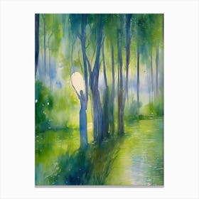 Dryads Optical Illusion Women Nymphs Trapped in the Woods Camouflaged Watercolor Awaiting a Victim Wailing Sirens - Interesting Impressionism Green Blue Birch and Willow Tree Forest and Lake - Pagan Feature Gallery Wall Siren Calling HD 1 Canvas Print