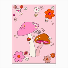 Colorful Mushrooms And Flowers Pink Canvas Print