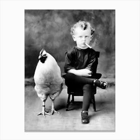 Boy And A Chicken, Boy Smoking Cigarette, Funny Vintage Black and White Old Photo Canvas Print