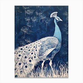 Peacock Walking In The Grass Linocut Inspired 1 Canvas Print