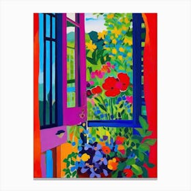 Colorful Open Window with plants and flowers Canvas Print