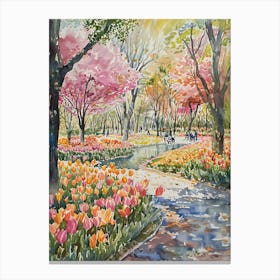 Colorful Tulips Park Watercolor Wall Canvas Print