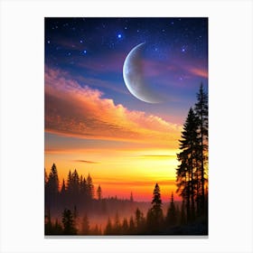 Moon And Stars , over forest with sunset Canvas Print