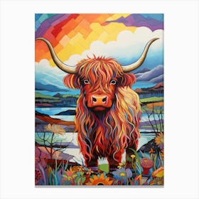 Colourful Patchwork Illustration Of Highland Cow Canvas Print