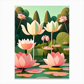 Lotus Flowers In Park Scandi Cartoon 2 Canvas Print