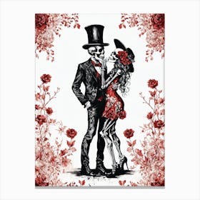 Floral Abstract Kissing Skeleton Lovers Ink Painting (3) Canvas Print