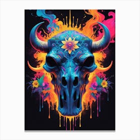 Floral Bull Skull Neon Iridescent Painting (11) Canvas Print