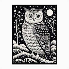 B&W Bird Linocut Snowy Owl 1 Canvas Print