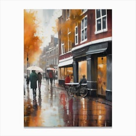 Amsterdam cafes, autumn season, rain, autumn oil colours.Faded colours,People passing on the street, winter clothes, rain umbrellas.7 4 Canvas Print