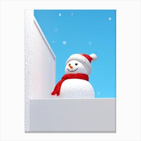 3d Cute Snowman Right Side Peeking From White Wall Red Scarf Hat With Silver Glittery Sequins B 1 Canvas Print