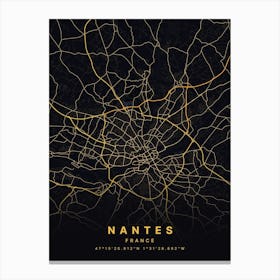 Nantes France Black And Gold Map Canvas Print