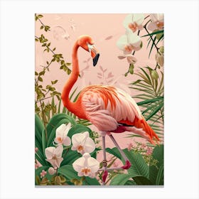 American Flamingo And Orchids Minimalist Illustration 4 Canvas Print