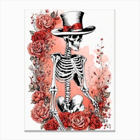 Floral Skeleton With Hat Ink Painting (29) Canvas Print