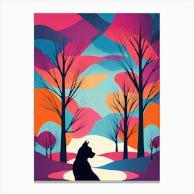 cat Silhouette In The Forest, colorful art, abstract art, digital art, cat vector art Canvas Print