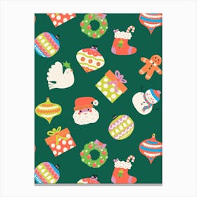 Scattered Christmas Icons, Ornaments, and Gifts on Pine Needle Green Canvas Print