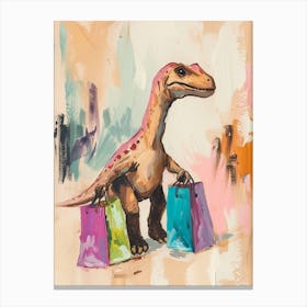 Dinosaur With Shopping Bags Pastel Brushstroke 1 Canvas Print