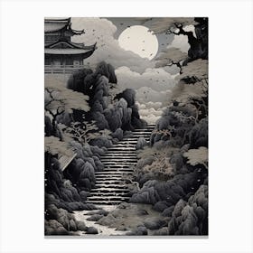 Hachijo Jima In Tokyo, Ukiyo E Black And White Line Art Drawing 4 Canvas Print