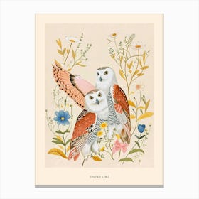 Folksy Floral Animal Drawing Snowy Owl Poster Canvas Print