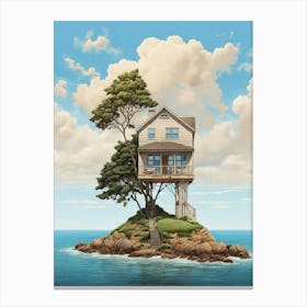 Little Beach House And Tree Draw Art Print 0 Canvas Print