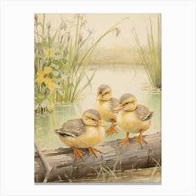 Ducklings Resting On The Log Japanese Woodblock Style Canvas Print