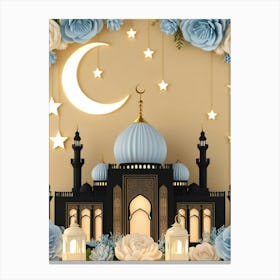 Ramadan 2025 wall art moon, lantern, stars in blue, beige, white and black Canvas Print