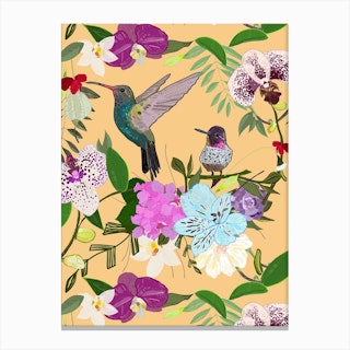 Orchid, Alstromerias And Cute Humming Birds Pattern Canvas Print