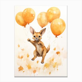 Kangaroo Flying With Autumn Fall Pumpkins And Balloons Watercolour Nursery 2 Canvas Print
