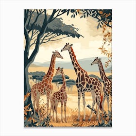 Herd Of Giraffes Resting Under The Tree Modern Illiustration 7 Canvas Print