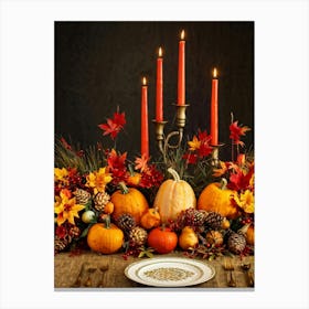 Autumn Harvest Table Centerpiece Overflowing With Gourds And Pumpkins Surrounded By Red And Gold C Canvas Print