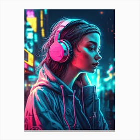 Neon Girl In Headphones 1 Canvas Print