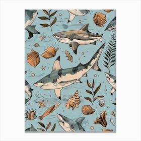Pastel Blue Squatina Genus Shark Watercolour Seascape Pattern 1 Canvas Print
