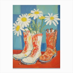 A Painting Of Cowboy Boots With Daisies Flowers, Pop Art Style 14 Canvas Print