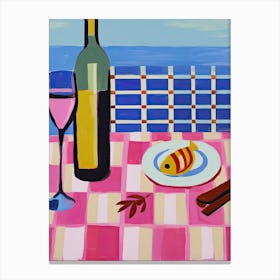 Painting Of A Table With Food And Wine, French Riviera View, Checkered Cloth, Matisse Style 11 Canvas Print